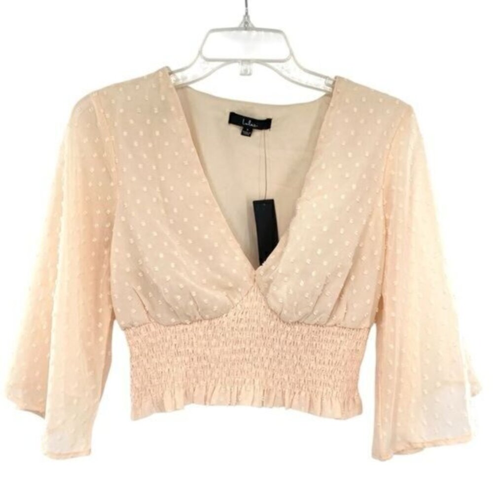 Lulu's Brightest Bliss Swiss Dot Flutter Sleeve Smocked Top Cropped New